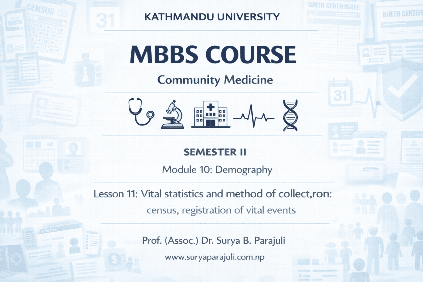 Vital statistics and method of collection: census, registration of vital events